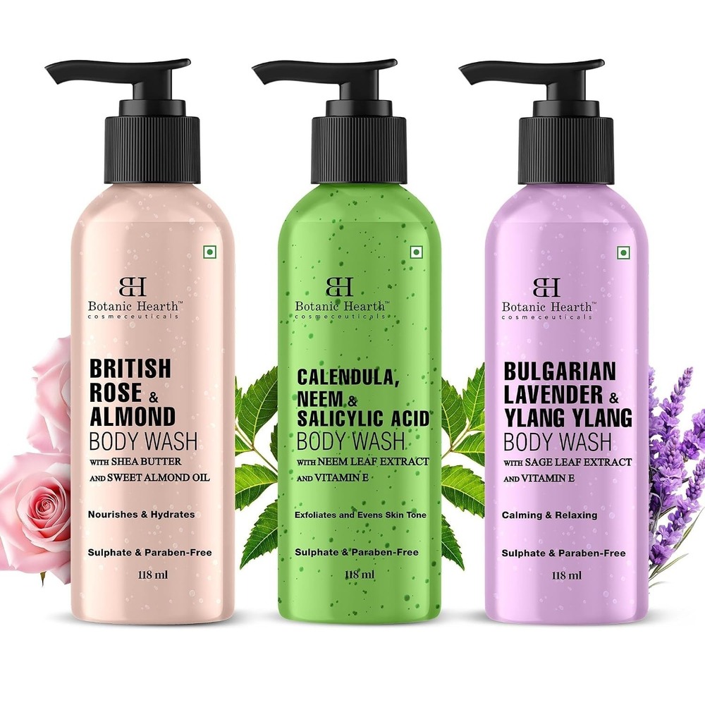 Botanic Hearth Relax & Renew Shower Set 3pc Body Wash Rose Neem Lavender 4oz Eac